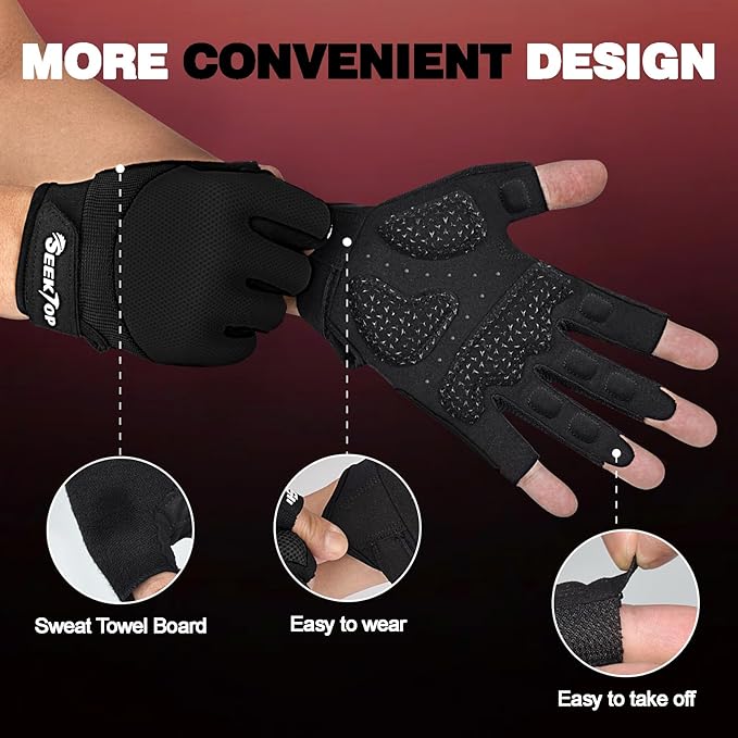 Seektop Breathable Workout Gloves Women & Men: Thick Padded Gym Gloves | Full Palm Protection, Excellent Grip for Gym Weight Lifting Fitness and Training, Exercise, Cycling