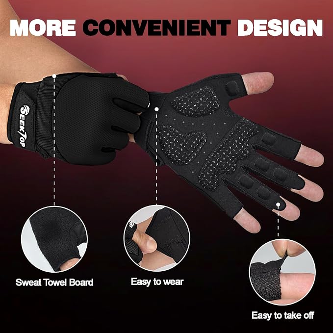 Seektop Breathable Workout Gloves Women & Men: Thick Padded Gym Gloves | Full Palm Protection, Excellent Grip for Gym Weight Lifting Fitness and Training, Exercise, Cycling