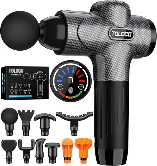 TOLOCO Massage Gun, Back Massager 10 Replacement Head for Pain Relief Deep Tissue, Percussion Massage Guns 7 Speed Level Super Quiet Electric Massager Fathers Day Dad Gifts, Carbon