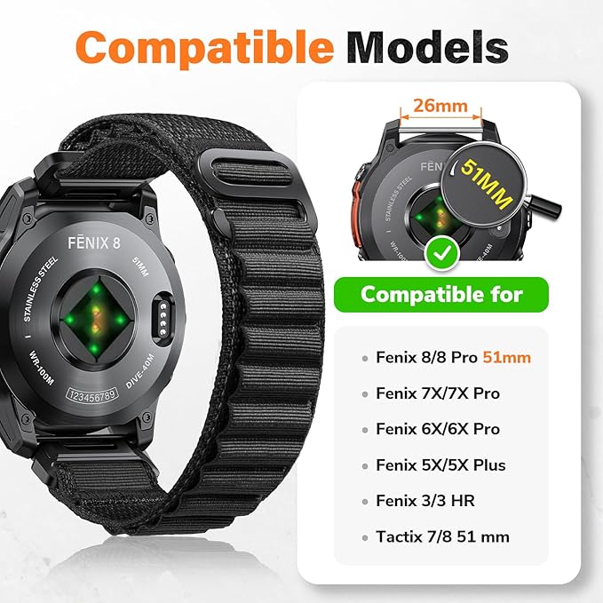 Alpine Loop Nylon Watch Band Compatible with Garmin Fenix 5X / 6X / 7X / 8 51mm, Quickfit 26mm Rugged Watch Bands for Garmin Fenix 8 Pro 51mm / 7X Pro / 6X Pro / 5X Plus, for Fenix 3, Tactix Delta