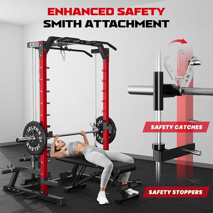 SR01 Smith Machine, 2000LBS Multi-Function Power Cage with LAT Pulldown System, All-in-One Home Gym Squat Rack with Smith Bar and Training Attachments for Full Body Workouts