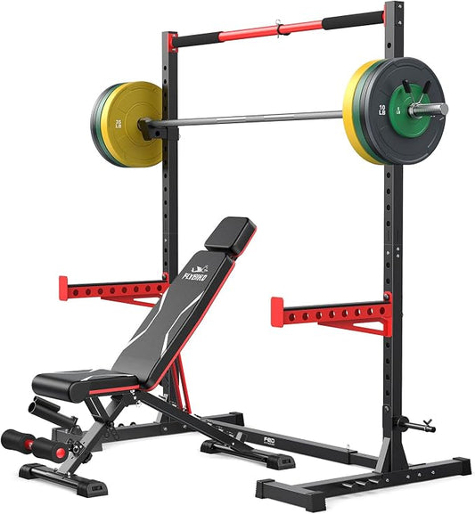 FLYBIRD SR1 Squat Rack, Adjustable Power Rack for 6FT/7FT Barbells | Squat Rack for Home Gyms with Pull-Up Bar,22 Adjustment Positions, J-Hooks and Safety Spotter Arms w/ 110/180LBS Home Package
