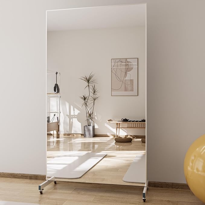 71”x 39” Extra Large Full Body Floor Mirror with 360° Lockable Wheels, Super Lightweight Glassless Shatterproof Surface, Rolling Full-Length Mirror for Yoga, Dance Studio, Home Gym, White