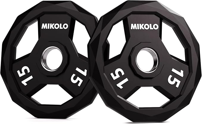 Mikolo Olympic Weights Set 2-Inch Rubber Coated Plates, 12-Sided Non-Roll Weight Plates Grip with 3 Handles for Home Gym, Strength Training, Single, Pair and Sets(5/10/15/25/35/45 LB)