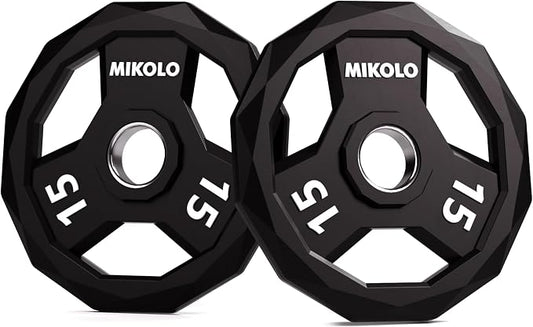 Mikolo Olympic Weights Set 2-Inch Rubber Coated Plates, 12-Sided Non-Roll Weight Plates Grip with 3 Handles for Home Gym, Strength Training, Single, Pair and Sets(5/10/15/25/35/45 LB)