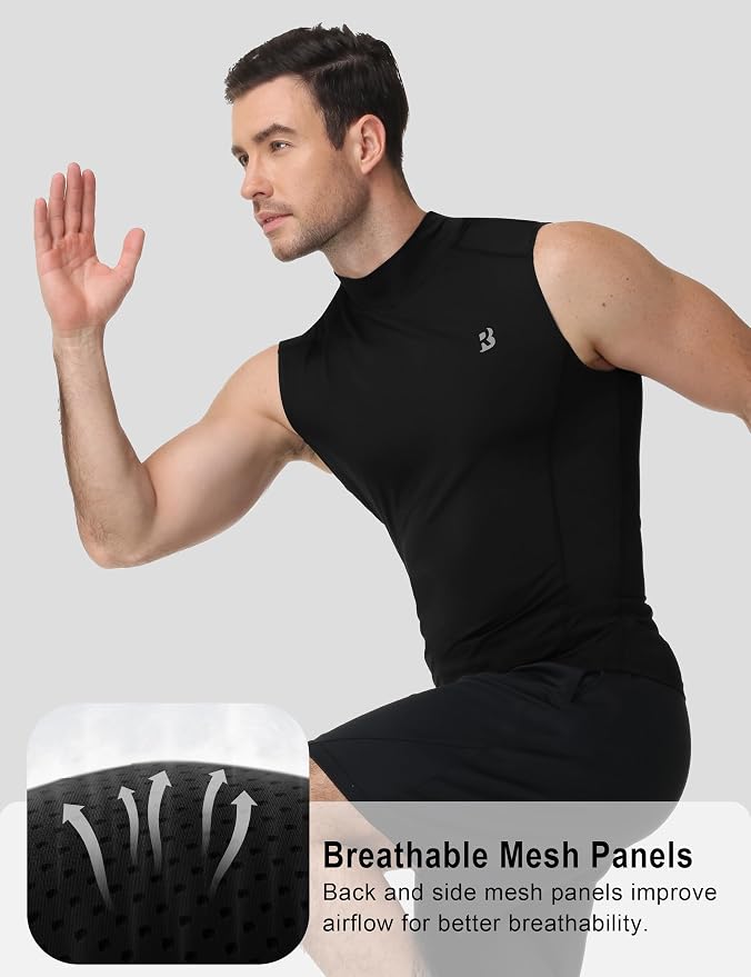 Roadbox Men's Compression Tank Top, Mock Turtleneck Sleeveless Shirt, Fitted Athletic Base Layer for Gym Workout