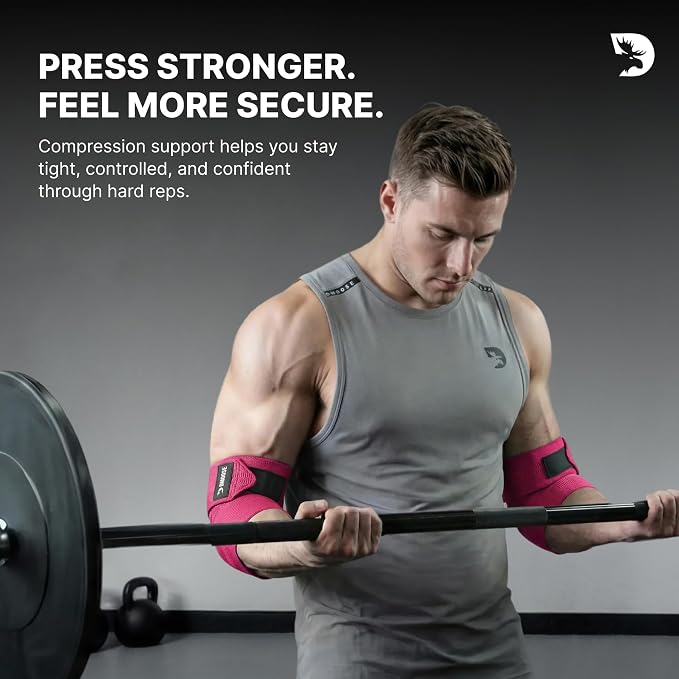 DMoose Fitness Elbow Wraps for Weightlifting (Pair) - 40'' Adjustable Strap for Gym Workout & Bench Press, Compression Elbow Sleeves for Tendonitis, Joint Support, Powerlifting & Deadlifts