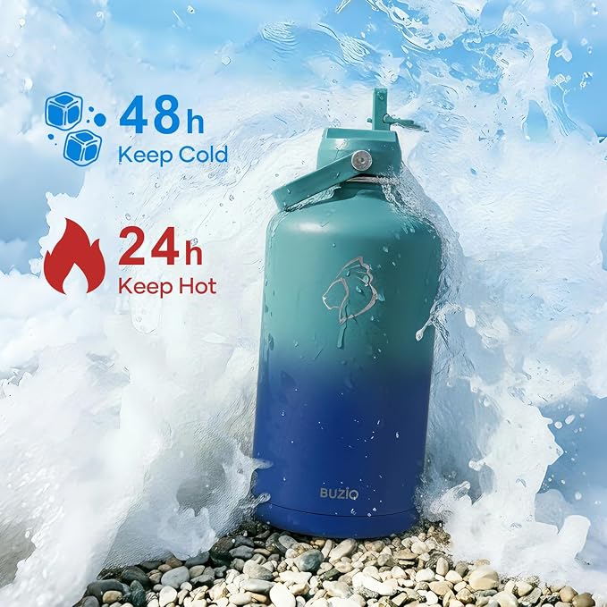 BUZIO 1 Gallon Water Jug with Straw Lid, 128oz Water Bottle Stainless Steel Triple Wall Hydro Jug 18/8 Food Grade Thermo Mug Keep Cold 48H & Hot 24H, Gradient Cyan