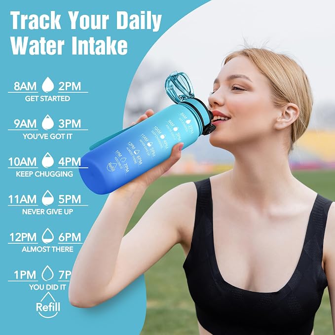 OLDLEY Water Bottle, 32oz Motivational Sports Water Bottle with Time Marker - Times to Drink - Tritan, BPA Free, Wide Mouth Leakproof,Sky
