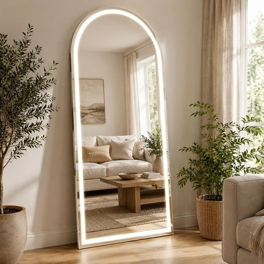 LED Arched Full Length Mirror with Lights 65" x26 Aluminum Frame | Floor Mirror with Dimming & 3 Color Lighting, Standing Leaning or Hanging for Bedroom Cloakroom White