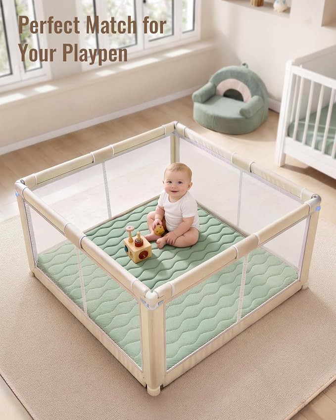 Blissful Diary Baby Play Mats for Floor, 50x50 Playpen Mat, Thick Cushioning Padding Foam Playmat for Baby and Toddlers Infants, Non-Slip & Machine Washable, Sage Green