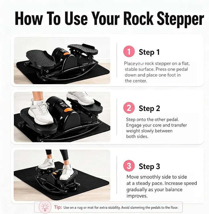 Rock Stepper Side to Side, Rocking Stepper for Exercise at Home with Resistance Bands & LCD Monitor, Low Impact Mini Stair Stepper, Anti-Slip Compact Home Workout Equipment, 250 LBS