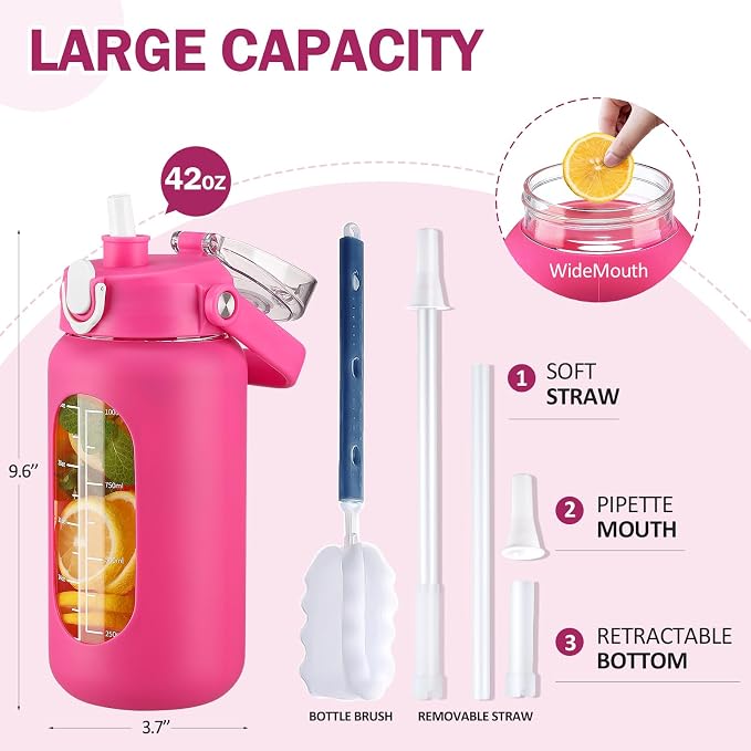 42oz Glass Water Bottles with Straw, Motivational Glass Bottle with Silicone Sleeve and Time Marker, Leakproof Large Glass Water Jug for Gym Home Office,Rose red
