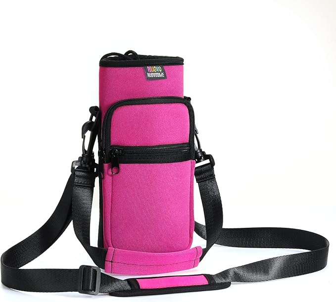 Nuovoware Water Bottle Carrier Bag, 25oz/32oz, Plum Red | Adjustable Shoulder Hand Strap, 2 Pocket, Neoprene Sleeve, For Hiking Travelling Camping