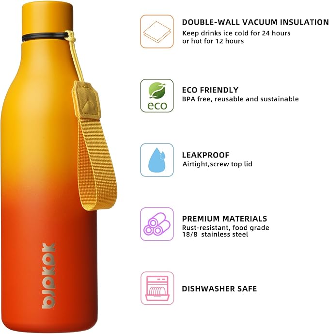 BJPKPK 25oz Insulated Water Bottle, Stainless Steel Bottle with Carry Strap | Keep Cold & Hot Vacuum Insulation, Leak-Proof BPA-Free Design, Slim Bottle Fits Most Cup Holders for Gym, Office & Travel