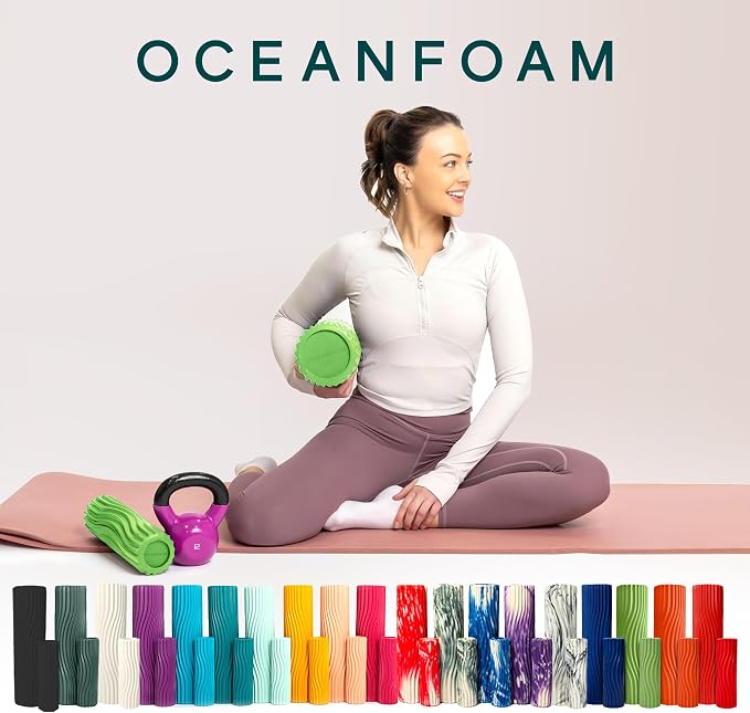 Oceanfoam Ripple Travel Foam Roller (11" x 3.35") Firm Mini Foam Roller for Physical Therapy, Deep Tissue Massage, Back Pain - High Density, Ergonomic Wave Textured - Yoga, Exercise (Algae Green)