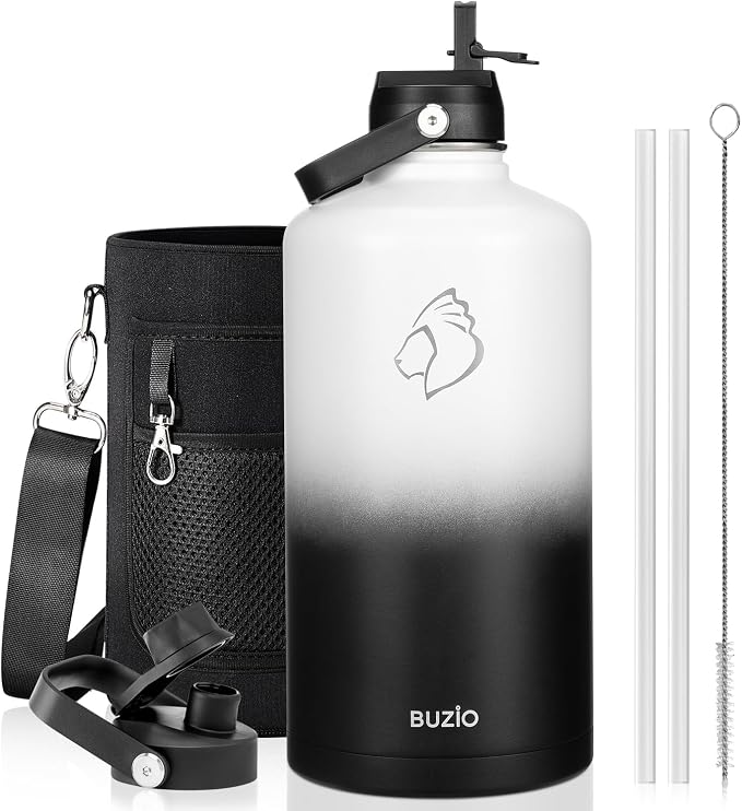 BUZIO 1 Gallon Water Bottle Insulated with Dust-proof Straw & Spout Lids | 128 oz Large Water Jug 18/8 Stainless Steel Triple Wall (Keep Cold 48Hrs/Hot 24 Hrs), Dishwasher Safe, Sweat-Proof, Black