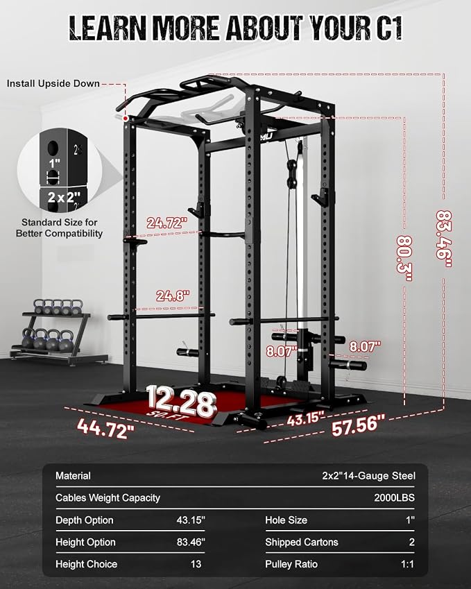 C1-V4 Power Cage, 2000LBS Squat Rack with LAT Pulldown, Multi-Function Weight Cage Strength Training Machine, Workout Cage with More Attachments for Home Gym Garage