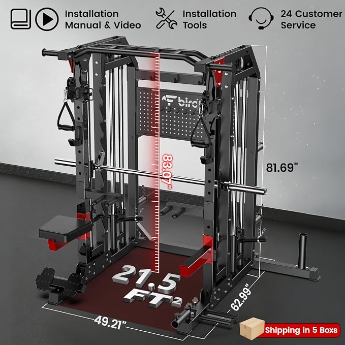 Multi-Function 2000LB Power Cage Smith Machine, Dual Pulley Cable Crossover | Home Gym Squat Rack Featuring LAT Pulldown, Power Rack with Olympic Bar & Strength Training Attachments, Pegboard
