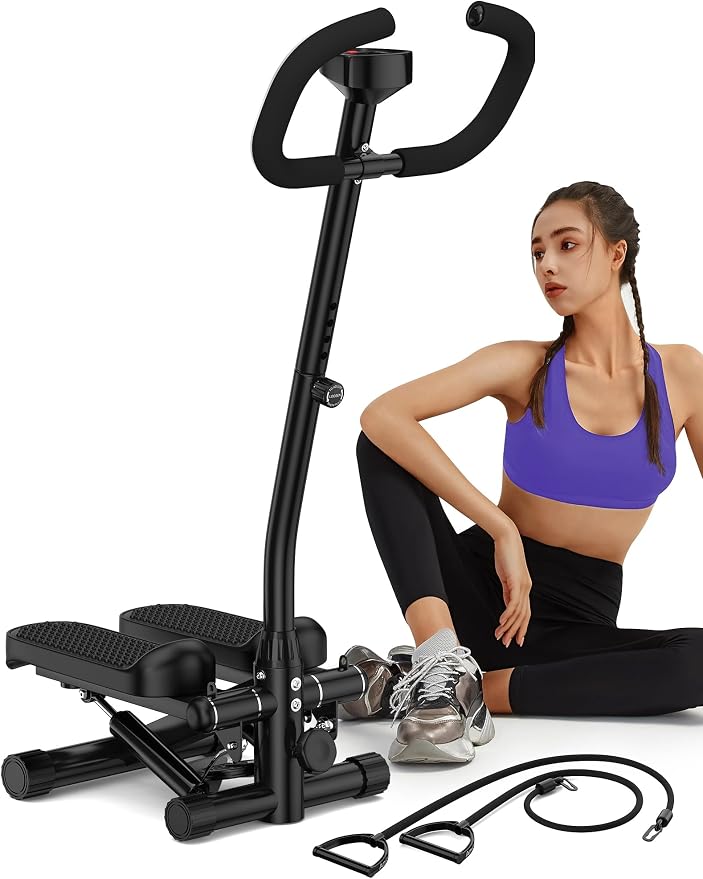 Mini Stepper with Handlebar for Exercise, 330lbs Stair Climber Machine | Hydraulic Fitness Stair Stepper with Resistance Band, Portable Workout Equipment for Home