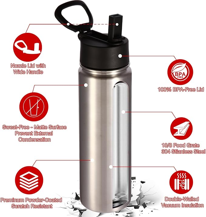 Volhoply 24oz Insulated Water Bottle With Straw Bulk 6 Pack,Metal Wide Mouth Water Bottles With Handle Lid Keep Cold,Reusable Double Wall Cups,Powder Coated Sport Bottle For Holder(Silver,6 Count)