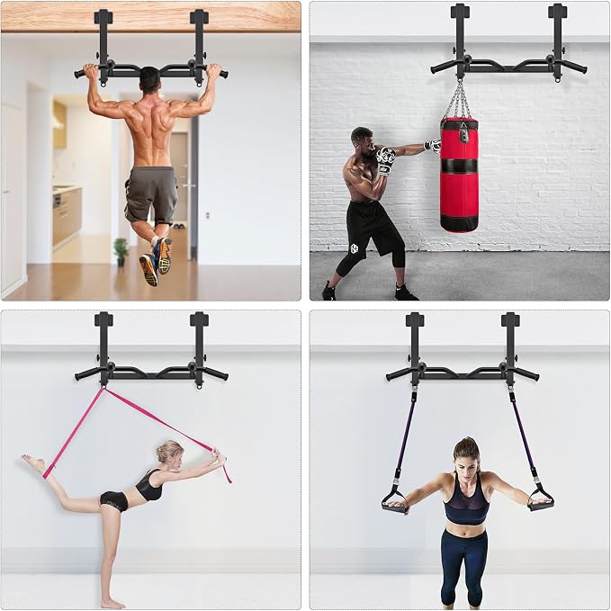 SELEWARE Heavy Duty Welded Pull Up Bar Wall/Joist/Ceiling Mount Chin Up Bar | Multifunctional Pull-up Bars w/Resistance Band Hooks for Home Gym Strength Training, Sturdy Steel Construction Support 500 lb