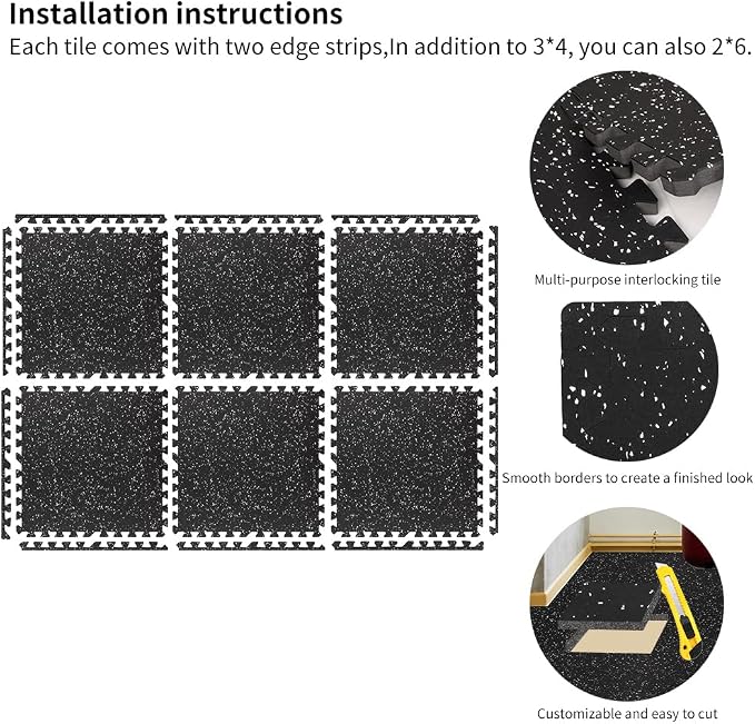 0.8in Thick 24 Sq Ft Gym Flooring for Home Gym, 6 Tiles Workout Exercise Equipment Mats, Rubber Top with EVA Foam, Interlocking Puzzle Floor Tiles for Fitness Room, Protective Flooring Mat
