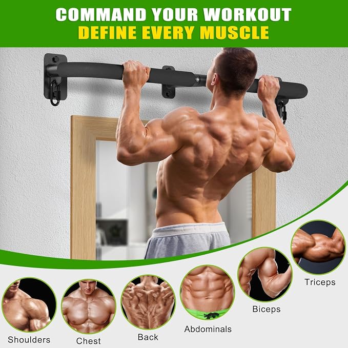 SELEWARE 32"/36" Wall Mount Pull Up Bar Joist Mount Chin Up Bar for Doorway | Heavy Duty Steel Construction Support 450 lb, w/Resistance Band Hooks, Fits 32"/36" Wall Studs for Home Gym Strength Training