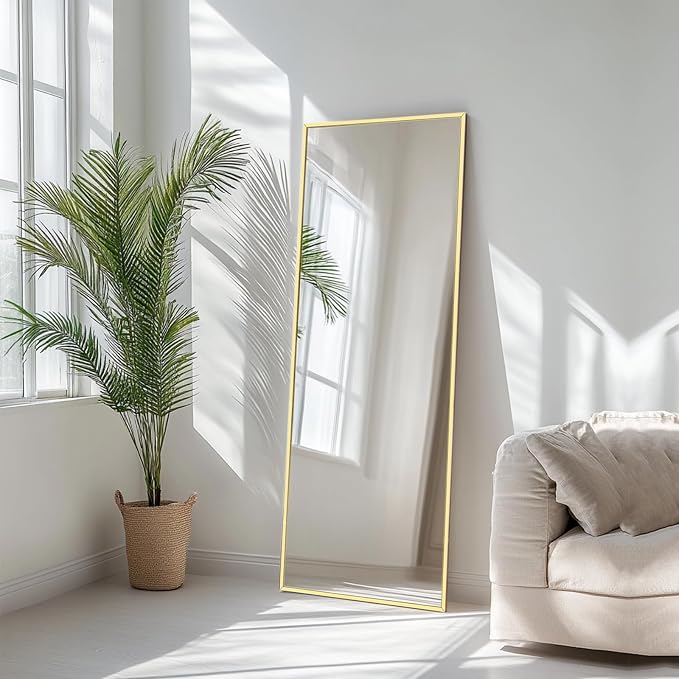 Gold Floor Mirror 48x16 inch, Full Body Mirror, Metal Frame | Brushed Gold Metal Frame, No Distortion, Rust-proof, Floor Mirrors for Nursery, Baby Room, Entryway, Party, Dressing Room