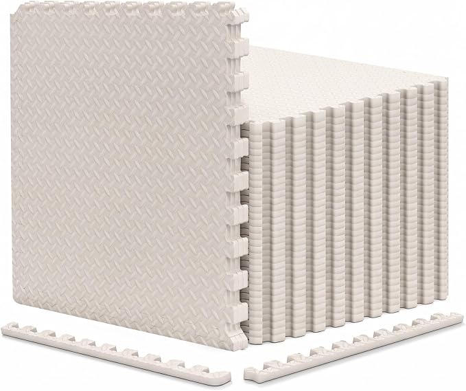 Tangkula 36 Tiles Exercise Flooring Mats with Border, Non-Slip EVA Foam Protective Mats, Elastic Puzzle Play Mats, 1/2" Interlocking Floor Mats for Home Gym, Fitness Room (Beige)