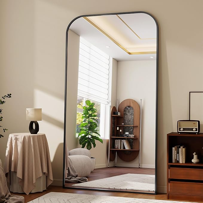 Oversized Full Length Mirror 76"x34" Arched Floor Standing Mirror | Large Full Body Mirrors with Stand - with Aluminum Frame for Bedroom Living Room, Black