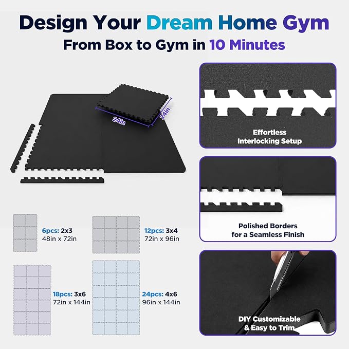1'' Thick 96 Sq Ft Protective Gym Flooring for Home Gym, 24 Tiles Extra-Thick Rubber Top with High Density EVA Foam, Interlocking Exercise Equipment Mats, Heavy Weight Workout, Black