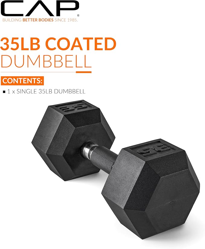 CAP Rubber Coated Dumbbell Weights, Free Weights for Home Gym Strength Training, Anti-Roll Hex Dumbbells with Black, Chrome & Comfort Grip Handles, Singles