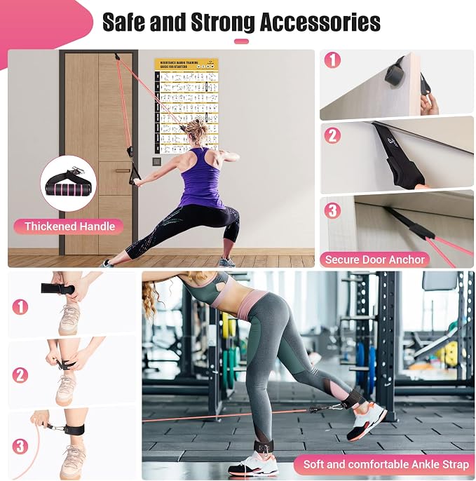 Resistance Bands with Handles for Women, 5 Level Exercise Bands | Workout Bands for Physical Therapy, Yoga, Pilates, Door Anchor, Storage Pouch, Training Poster