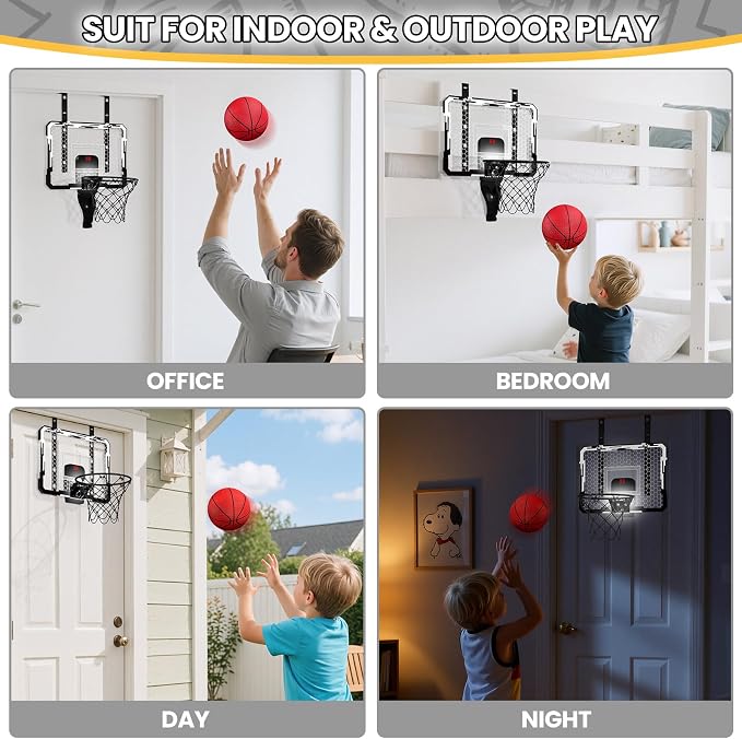 QDRAGON Mini Basketball Hoop with Scoreboard & 7 LED Lighting | Over The Door Indoor, with 3 Balls/Inflator/Breakaway Rim, Basketball Toy Gifts for Kids Adults, Suit for Bedroom/Office