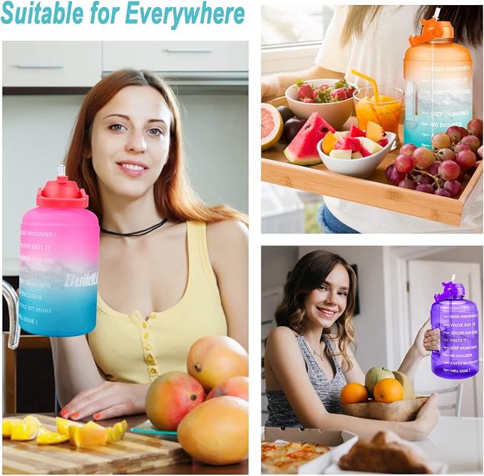 QuiFit 1 Gallon Water Bottle - with Straw & Motivational Time Marker Leak-Proof BPA Free Reusable Gym Sports Outdoor Large(128OZ/73OZ) Capacity Water Jug