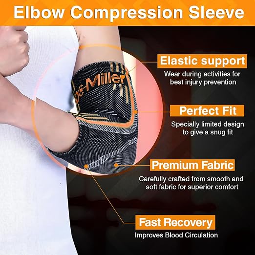 Doc Miller Elbow Compression Sleeves for Tendonitis, Women & Men, 1 Pair | Compression support, Arm Brace, Tennis Injuries, Bursitis Relief, Tendon Care, Active Use, Sports & Recovery