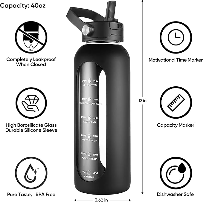 CIVAGO 40 oz Glass Water Bottle with Detachable Straw and Time Maker | Motivational Large Flask Cup with Handle, Leakproof Lids, Wide Mouth, Silicone Sleeve, Tumbler for Juice, Army Green