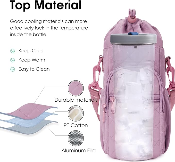 sportsnew 40oz Insulated Crossbody Water Bottle Bag Gym Hiking Phone Pocket | Water-resistant Lining, Padded Strap, Top Handle, Drawstring, Phone Pocket, Elastic Slots, Built-In Key Clip for Gym Walking
