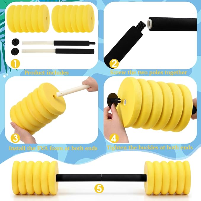 Soulchen Long Aquatic Exercise Dumbbells Pool Exercise Foam Water Weights Dumbbell Aquatic Pool Barbells with High Density EVA Foam for Swim Water Aerobics Workouts Loss