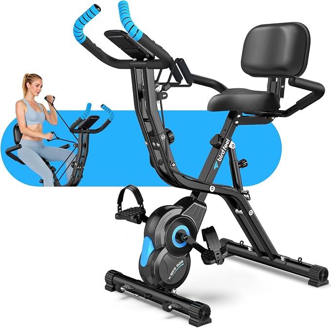 Foldable Exercise Bike, 8-Level Magnetic Stationary Bike for Home Gym | Quiet Indoor Workout Bike with Arm Resistance Bands, LCD Monitor, and 300 LBS Capacity for Full-Body Cardio Training