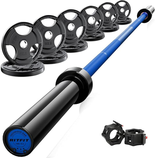 RitFit Barbell Weight Set - 4/6FT Olympic Barbell with Weight Plates (55-115LB Total) - Weightlifting Equipment for Squats, Curls, Deadlifts, Presses, Hip Thrusts