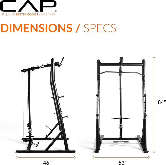 CAP Barbell Power Cage with High-Low Pulleys – Heavy-Duty Power Rack for Home Gym – Adjustable Gym Rack & Weight Cage with Pull Up Bar, Dip Station, and Plate Storage