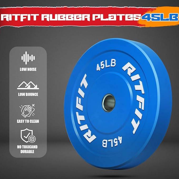 RitFit Color Coded Bumper Plate, Olympic Bumper Plate for Barbell, 2-Inch Bumper Weight Plates With Steel Insert, rubber weight plates for Strength Training in Home Gym
