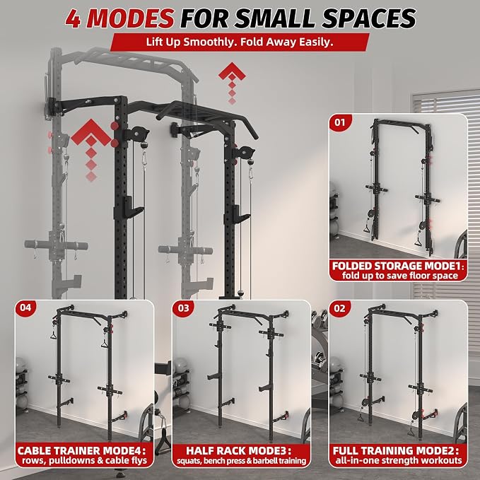 Wall Mounted Power Rack with Cable Crossover, Foldable Squat Rack | Dual Pulley System With Pull Up Bar, J-Hooks, 800 LB Capacity, Space-Saving Design for Full-Body Home Gym Strength Training