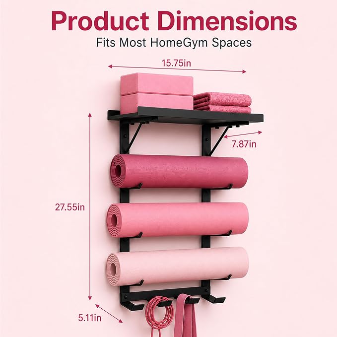 Home Gym Yoga Mat Holder - 4-Tier Wall Rack with Top Shelf and 5 Hooks | Metal Storage Rack Organizes Mats, Foam Rollers, Yoga Blocks, Resistance Bands, Jump Ropes And Workout Accessories.