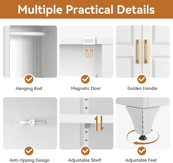 Polup Metal Armoire Wardrobe Closet, 71" Tall Wardrobe Cabinet with 2 Doors | Heavy Duty Steel Clothing Storage Cabinet with Hanging Rod & 3 Adjustable Shelves for Bedroom, Office, Broom Closet, White