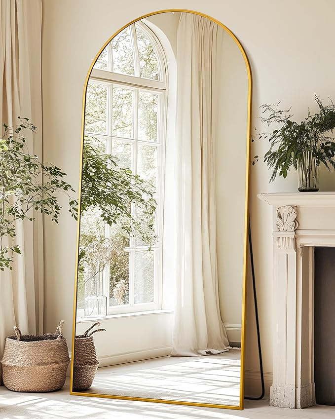 Suidia 71"x32" Arched Full Length Mirror with Stand, Full Body Mirror with Aluminum Frame, Freestanding/Leaning/Wall-Mounted, Floor Mirrors for Bedroom, Living Room, Entryway, Dressing Room, Gold