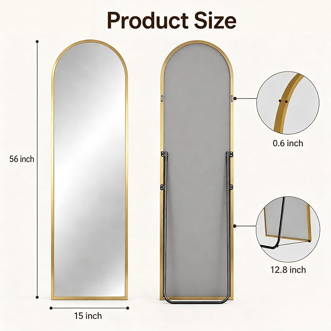 Antok Full Length Mirror, 56"x14" Floor Mirror with Stand, Hanging Mounted Mirrors for Bedroom, Living Room, Cloakroom, Dining Room, Gold, Arch