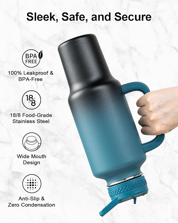 Trebo Insulated Water Bottle 40 oz Fits in Car Cup Holder with Side Handle | Stainless Steel Metal Tumbler with Straw Spout Lids, Triple-Wall Vacuum Copper Plated, Cold 48 Hrs Hot 24 Hrs for Travel, Gym